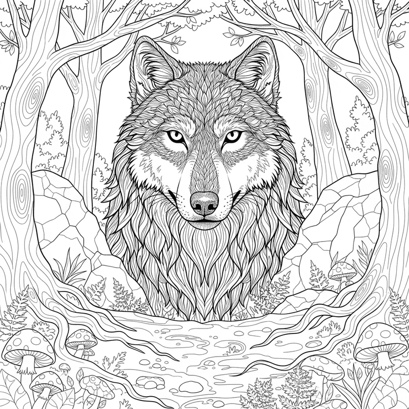 Majestic Wildlife Portrait - Highly detailed realistic portrait of a wolf or tiger with intricate fur textures, intense eyes, natural habitat background, and complex shading patterns. Perfect for adult colorists who appreciate wildlife art and fine details.