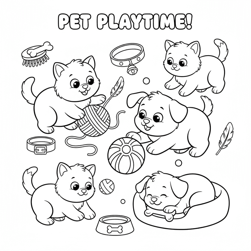 Playful Puppies & Kittens - Adorable puppies and kittens playing together with toys, balls of yarn, and pet accessories. Simple large shapes with cute expressions perfect for preschoolers who love pets.
