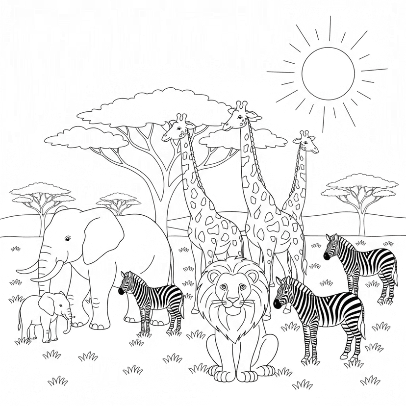 Safari Adventure - Exciting safari scene featuring lions, elephants, giraffes, and zebras in the African savanna. Includes acacia trees, grass plains, and moderate animal details great for children practicing coloring.