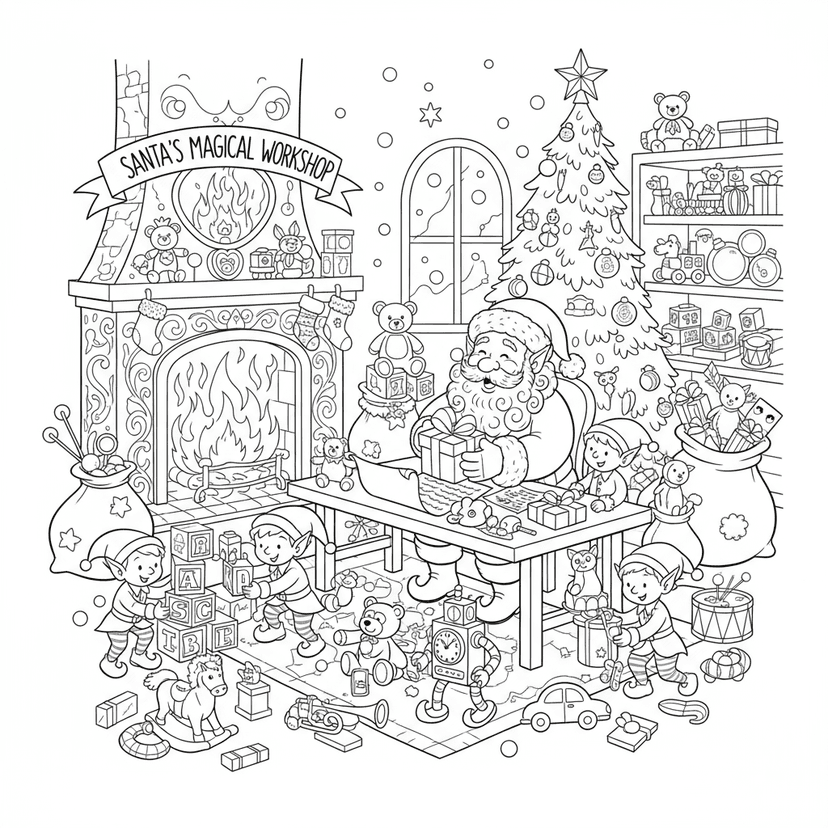 Cozy Santa's Workshop - A magical workshop scene with Santa preparing gifts, elves helping, toys everywhere, and a warm fireplace. Perfect for children who love Christmas magic and detailed scenes to color.