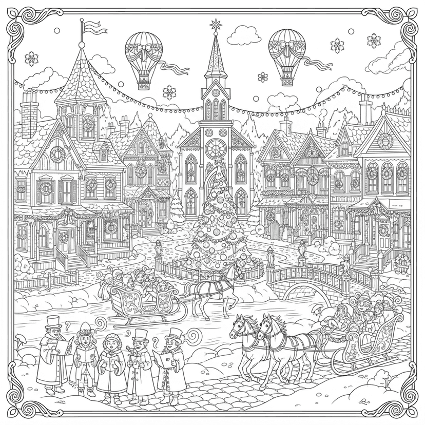 Victorian Christmas Village - Intricate village scene with Victorian-style houses decorated for Christmas, carolers, horse-drawn sleighs, and elaborate architectural details. Perfect for advanced colorists who enjoy complex festive scenes.