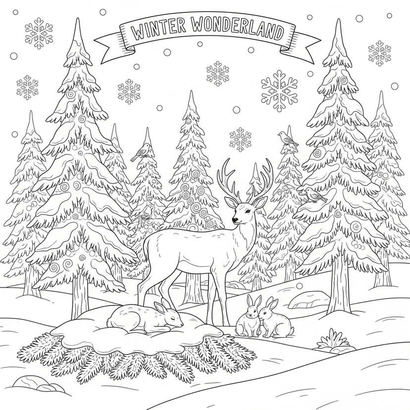 Winter Forest Wonderland - A peaceful winter forest with snow-covered pine trees, woodland animals, and gentle snowflakes falling. Features deer, rabbits, and birds in a serene Christmas setting with intricate tree details.