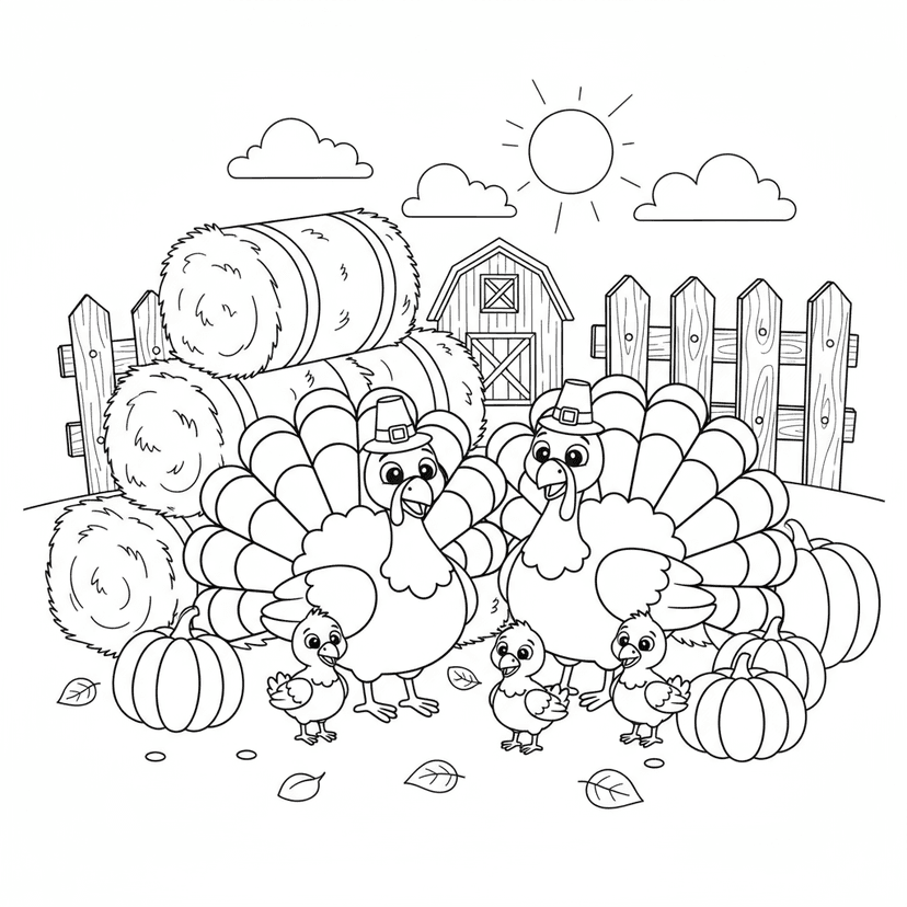 Happy Turkey Family - A cheerful turkey family with colorful feathers in a farmyard setting. Features parent turkeys with baby turkeys, hay bales, and pumpkins. Perfect for young children learning about Thanksgiving.