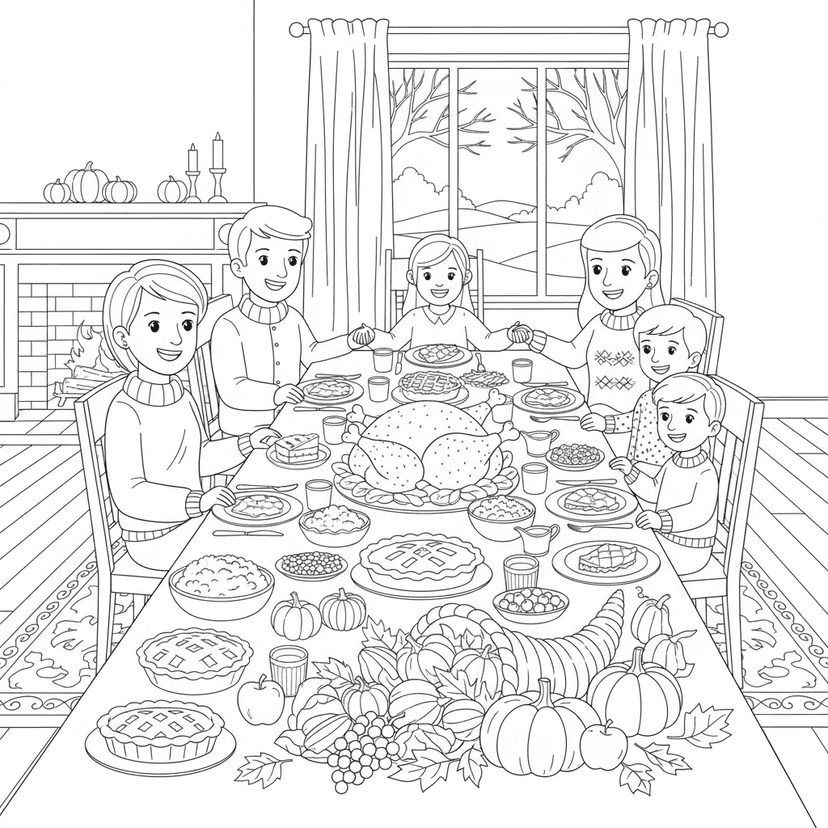Harvest Celebration Feast - A detailed Thanksgiving dinner table with roasted turkey, pies, vegetables, fruits, and family gathered around. Includes cornucopia, fall decorations, and traditional Thanksgiving foods with moderate detail level.
