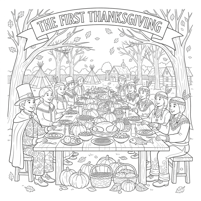 Pilgrim & Native American Peace - Intricate historical scene showing pilgrims and Native Americans sharing the first Thanksgiving. Features detailed period clothing, traditional foods, harvest bounty, and respectful cultural representation with complex patterns.