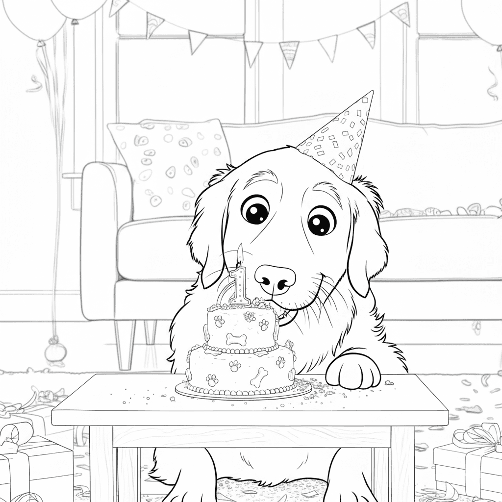 Generated Coloring Page - Dog eating birthday cake