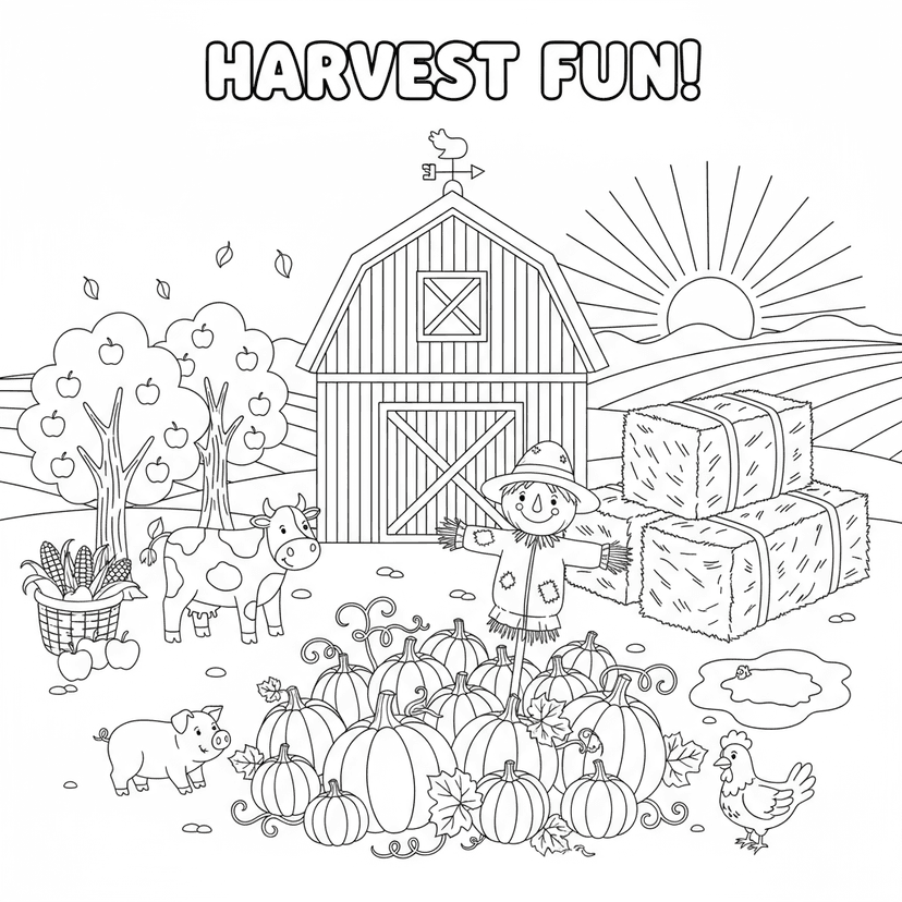 Cozy Fall Farm Scene - A charming farm scene with a red barn, pumpkin patch, scarecrow, hay bales, and friendly farm animals. Features apple trees and fall harvest with moderate details suitable for practicing coloring skills.