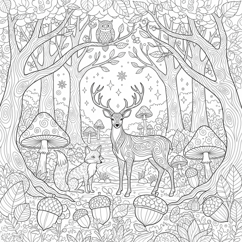 Enchanted Autumn Forest - Intricate forest scene with detailed trees changing colors, woodland creatures like deer, foxes, and owls, mushrooms, acorns, and magical autumn atmosphere. Complex details and realistic textures for advanced colorists.