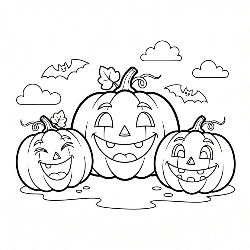 Friendly Pumpkin Family - These cute pumpkin coloring pages are perfect for preschoolers who love Halloween fun! Features a family of happy jack-o-lanterns with different expressions.