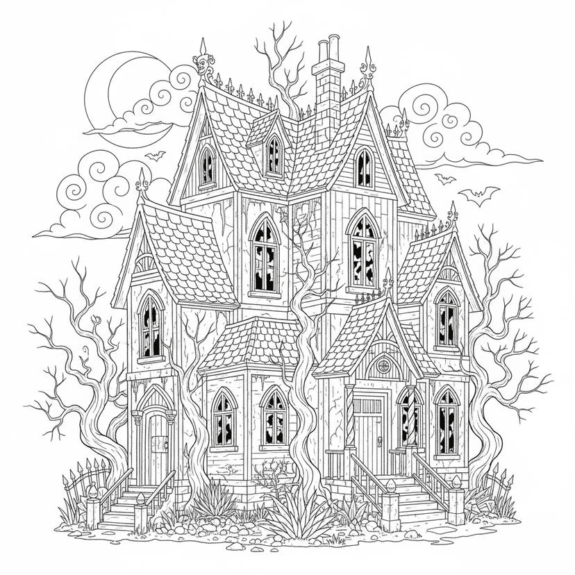 Haunted Mansion - Intricate haunted house design with detailed architecture, spooky windows, and creepy surroundings. Perfect for advanced colorists who enjoy challenges.
