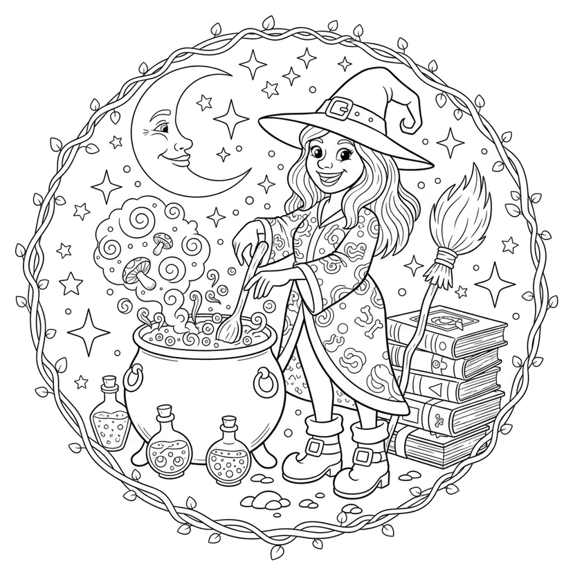 Witch's Brewing Night - A magical scene featuring a witch preparing her special Halloween potion. Includes detailed cauldron, spell books, and mystical ingredients.